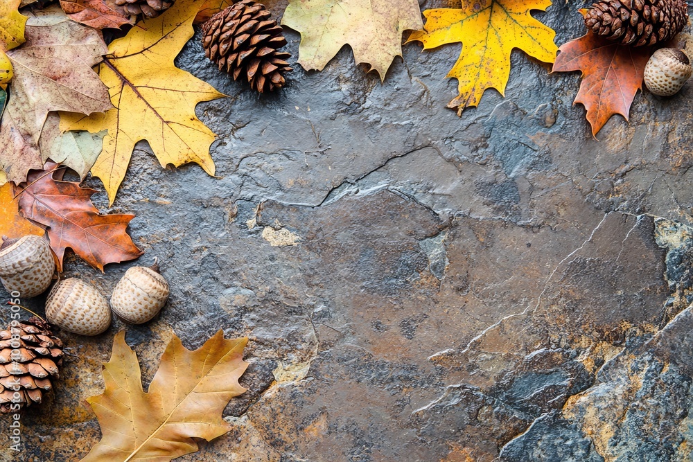 Poster leaves, nuts and pine cones. side border over rustic dark background. above view with copy space.