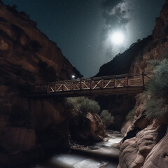 a bridge over a river with a full moon