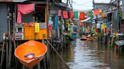 A scenic shot showcasing the traditional Thai stilt houses lining the banks of a tranquil river or canal creating a picturesque and serene landscape in the Southeast Asian countryside