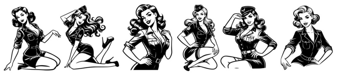 retro pin-up girl collection in military-inspired fashion, black vector illustration