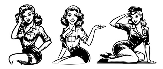 Obraz premium collection of retro pin-up girls in military uniforms, detailed sketch style, black vector