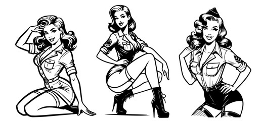 vintage military pin-up girls in playful poses, hand-drawn black vector artwork