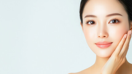 Fototapeta premium Close-up portrait of a young woman with radiant skin gently touching her face against a soft light background