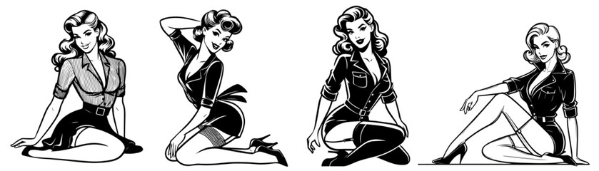 detailed pin-up girls in classic uniforms, hand-drawn black and white style, black vector