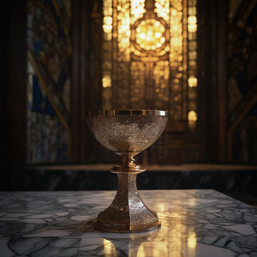 a gold chali on a marble table