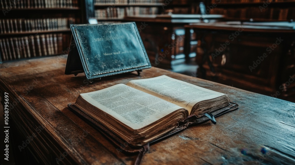 Aufkleber an open book and a laptop positioned on a wooden table in a library showcase the merging of conventi