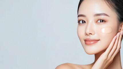 Fototapeta premium Young woman applying foundation on her cheek with a gentle smile, showcasing skincare routine and beauty expertise against a light background