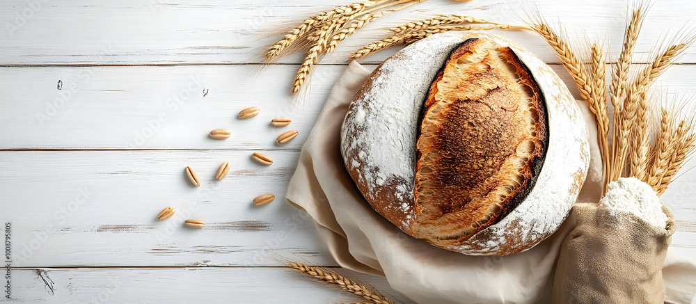 Poster top view of a loaf of bread with wheat ears and a bag of flour on a white wooden surface creating a 