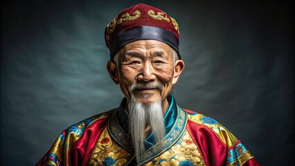 Obraz premium Wise Elderly Chinese Man with Traditional Attire Posing Elegantly Against a Plain Background