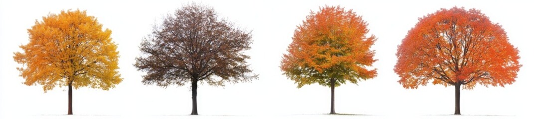 Oak maple linden trees isolated on a white background in autumn