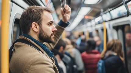 A man on a subway holds onto a handrail.