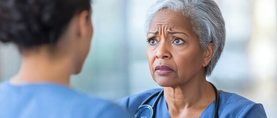 Fototapeta premium A woman with a white headband and a blue shirt is talking to another woman