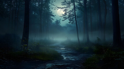 Naklejka premium Mysterious forest with a moonlit path fog and a Halloween backdrop hint