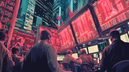 Fototapeta premium Generative AI, Panic on the Trading Floor: Stock Prices Plummet as Red Alerts Flash