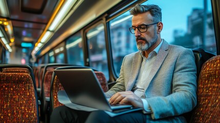 A man in a suit works on his laptop on a bus at night.