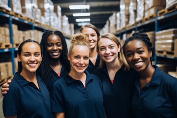 Smiling portrait of a young and diverse group of female warehouse workers