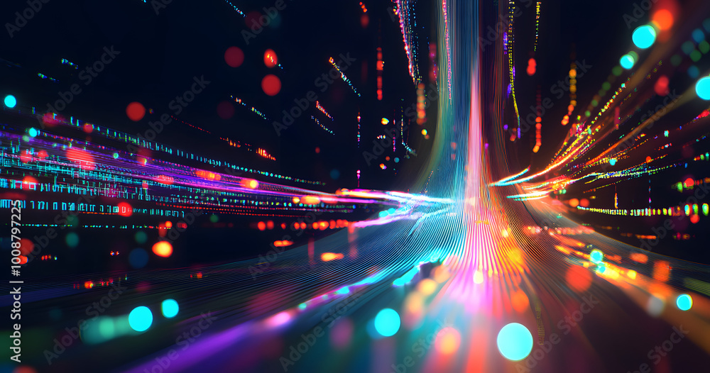 Poster electrical impulse, binary code. futuristic wave. neon streaming. data stream 3d illustration. data 
