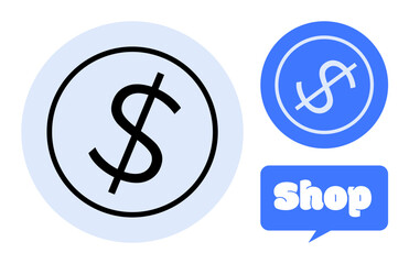 Dollar sign inside a circle in black and white, with a blue dollar sign symbol and a blue shop speech bubble. Ideal for e-commerce, online shopping, retail, financial services, marketing. Minimalist