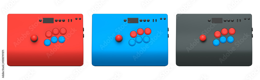 Poster a set of three colorful arcade joysticks, catering to retro gaming enthusiasts isolated on white bac