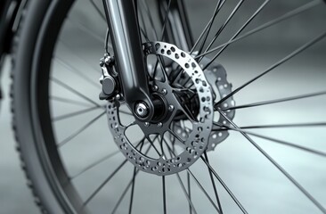 Fototapeta premium Close-up of a bicycle front wheel and caliper showcasing braking system details