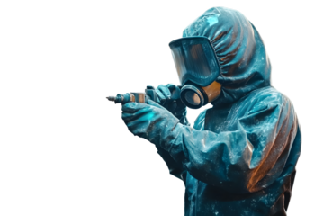 Industrial Paint. Woman in Protective Suit Spraying Powder Coating on Metal Parts