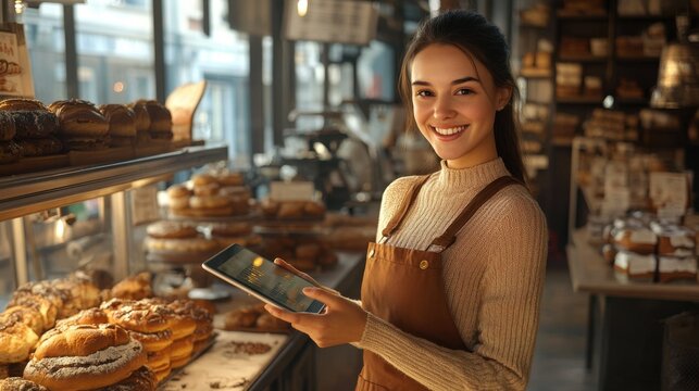 A woman is happily holding a tablet while in a bakery setting
