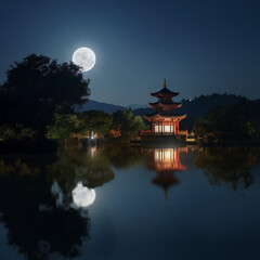 a full moon is shining over a lake