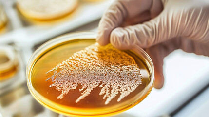 A technician examines a petri dish containing a precision fermentation sample, representing advanced biotechnology