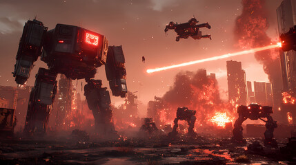 Fototapeta premium Generative AI, Laser Clash: Drones and Mechs Light Up the Night