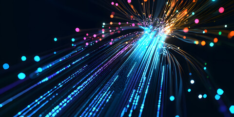 Fototapeta premium Wireless data transmission, high speed internet. Information flow in abstract cyberspace. Neural network 3D illustration. Big data and cybersecurity. Data stream. Global database and AI