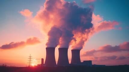 Nuclear power plants blowing off smoke with billowing from the towers going up against the vast skies, sustainable energy production concept, air pollution, environmental awareness