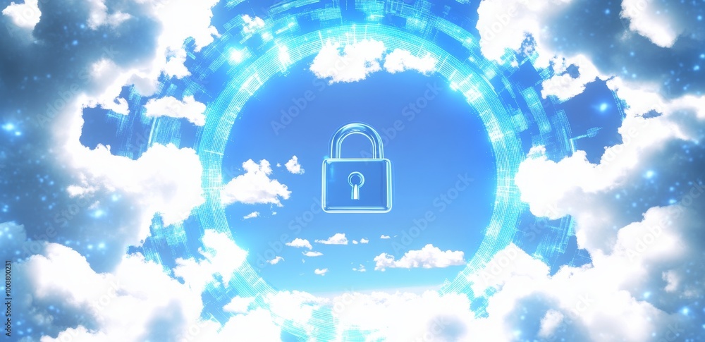 Poster with a transparent background and a blue hud circle, this is a futuristic cloud with a lock for secu