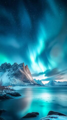 Naklejka premium breathtaking view of the Aurora Borealis illuminating the night sky over snow-covered mountains and a calm, reflective fjord in the Lofoten Islands. The ethereal green and blue lights create a magical