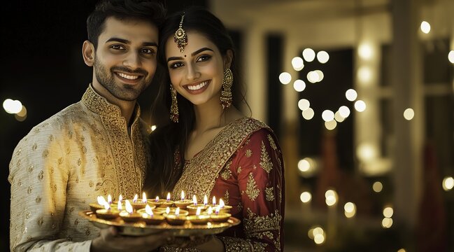  A full-body portrait of a young, attractive Indian couple dressed in traditional attire, joyfully holding a candle plate during the Diwali festival. 