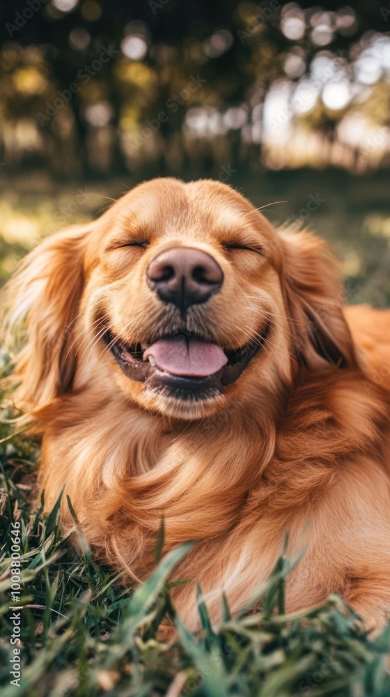 Poster A golden retriever smiling happily while lying on grass in a sunny outdoor setting.