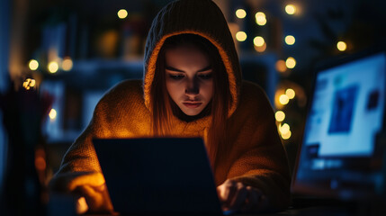 A Focused Shopper Navigating Online Deals During Black Week in a Cozy, Dimly Lit Room Adorned With Festive Lights