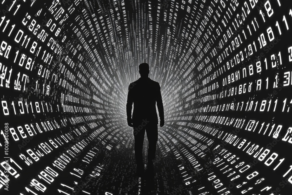 Poster computer screen with a silhouette person and binary data