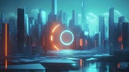 Futuristic Cityscape with Glowing Neon Lights and Geometric Shapes