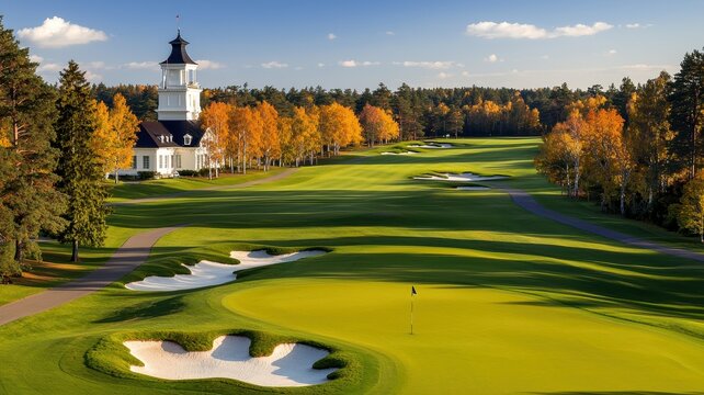 A scenic view of a golf course with rolling greens and autumn trees under a clear blue sky.
