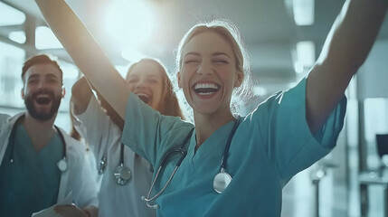 Medical professionals collaborating and celebrating success in healthcare and wellness, showcasing teamwork and motivation with joyful expressions