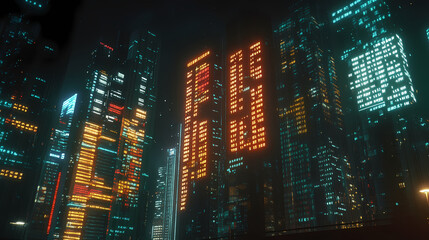 Generative AI, Holographic Heights: Stock Tickers Light Up the Night Skyline