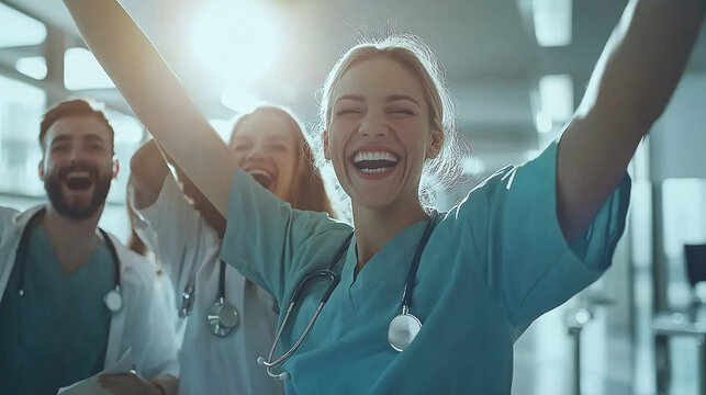 Medical professionals collaborating and celebrating success in healthcare and wellness, showcasing teamwork and motivation with joyful expressions