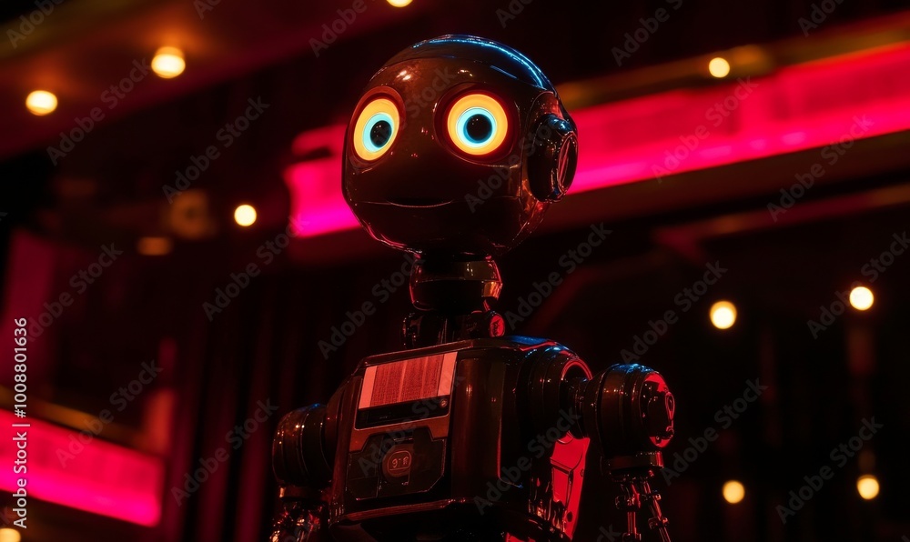 Poster future concept of humanoid robots using augmented reality systems with a virtual hud interface. futu