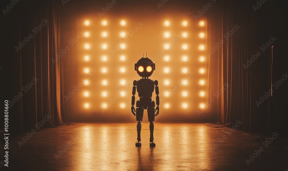Poster humanoid robot with virtual hud interface using augmented reality using futuristic background. futur