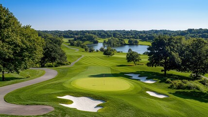 Beautiful golf course landscape with lush green fairways and serene lake under a clear blue sky.