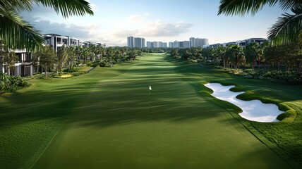 Fototapeta premium Lush golf course with palm trees and serene water features, showcasing a perfect landscape for golfing.