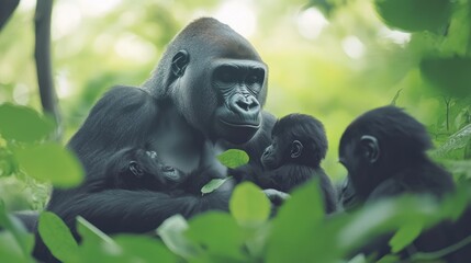 Obraz premium A gorilla family interacting in a lush green environment.