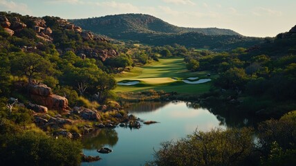Fototapeta premium Scenic view of a lush golf course surrounded by rolling hills and a tranquil water feature.