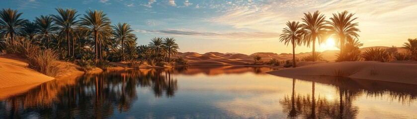 Fototapeta premium tranquil desert oasis with palm trees, reflecting warm glow of sunset over calm water. This serene landscape captures beauty of nature in peaceful setting