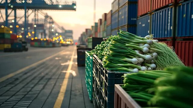 Close-up of leeks beside containers at a busy port, highlighting the global distribution of fresh vegetables